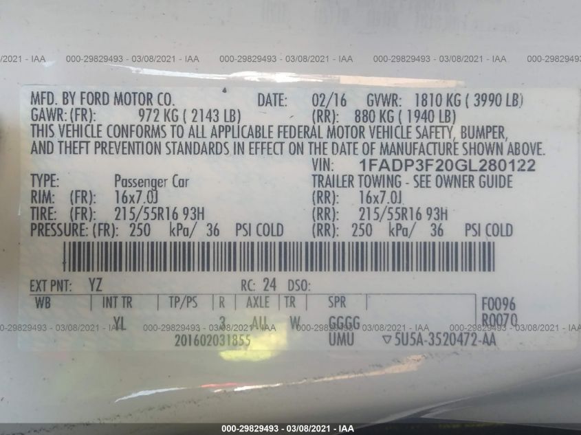 2016 FORD FOCUS SE 1FADP3F20GL280122