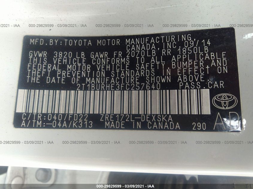 2015 TOYOTA COROLLA S 2T1BURHE3FC257640