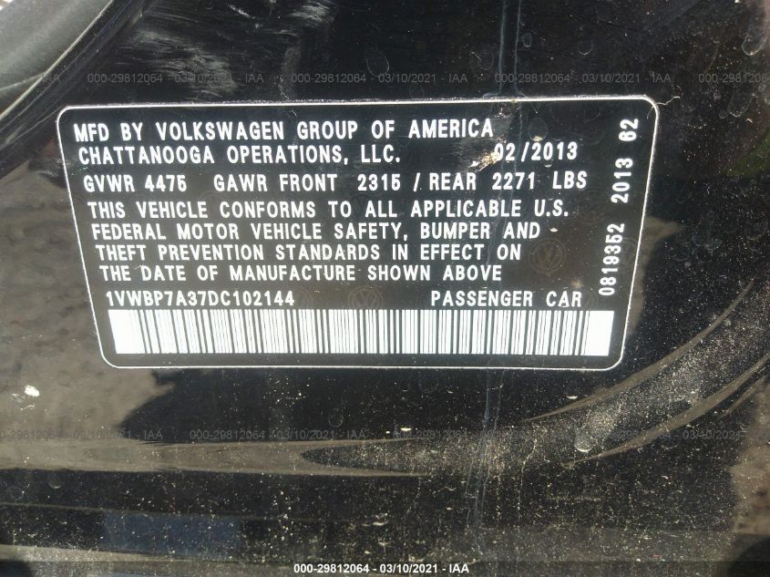 2013 VOLKSWAGEN PASSAT SE 1VWBP7A37DC102144