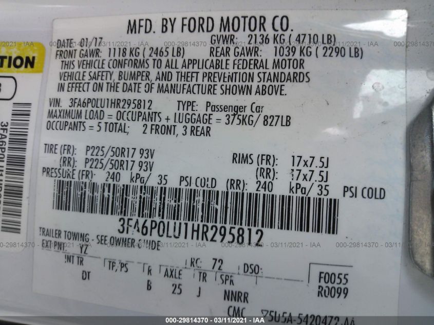 2017 FORD FUSION HYBRID SE 3FA6P0LU1HR295812
