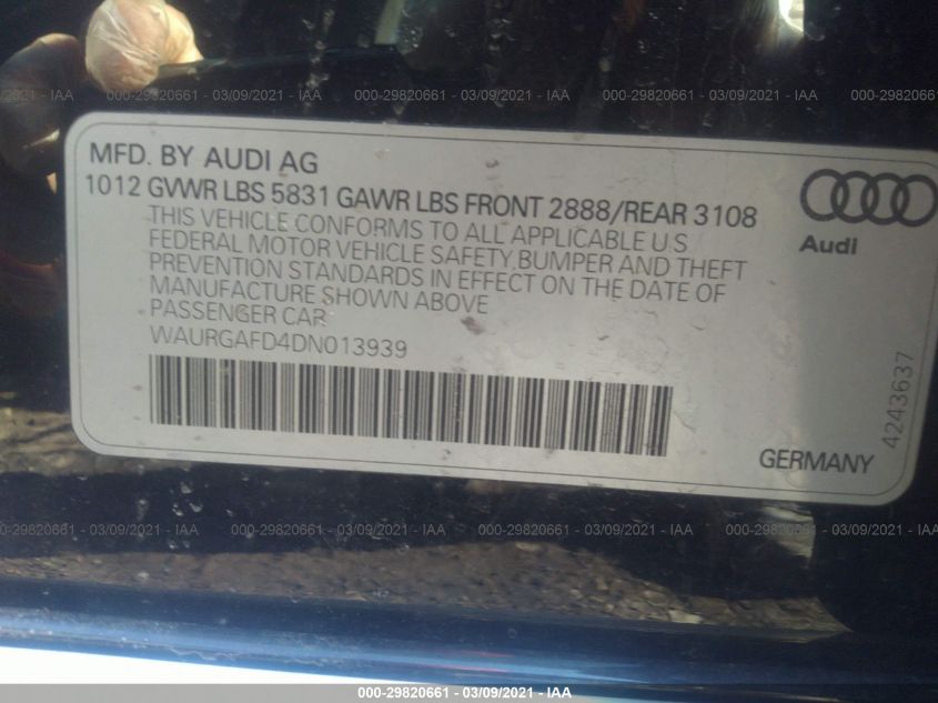 2013 AUDI A8 L 3.0L WAURGAFD4DN013939