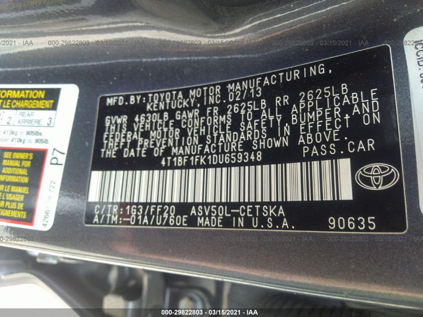2013 TOYOTA CAMRY SE 4T1BF1FK1DU659348