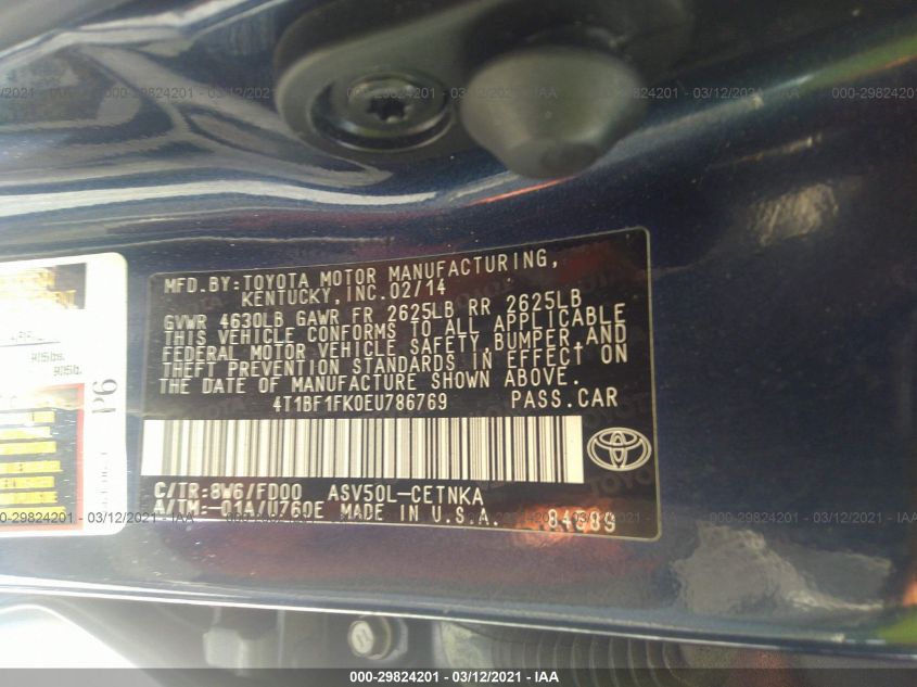 2014 TOYOTA CAMRY L/LE/XLE/SE/SE SPORT 4T1BF1FK0EU786769