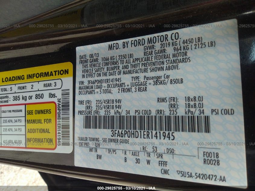 2014 FORD FUSION SE 3FA6P0HD1ER141945