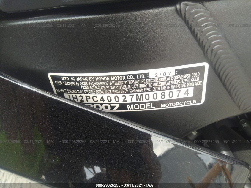 2007 HONDA CBR600 RR JH2PC40027M008074