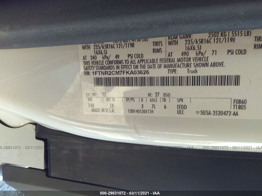 2015 FORD TRANSIT CARGO VAN 1FTNR2CM7FKA03626