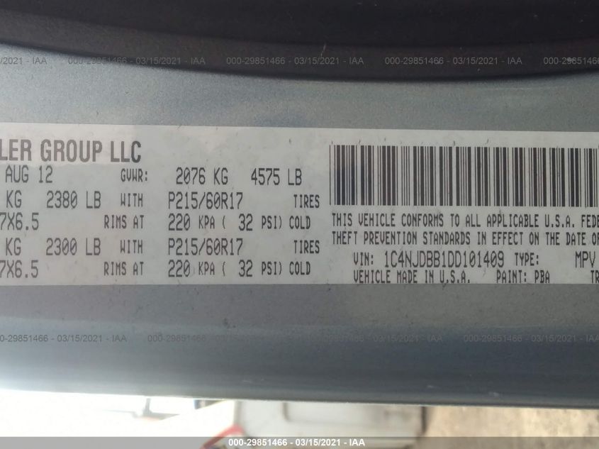 2013 JEEP COMPASS SPORT 1C4NJDBB1DD101409