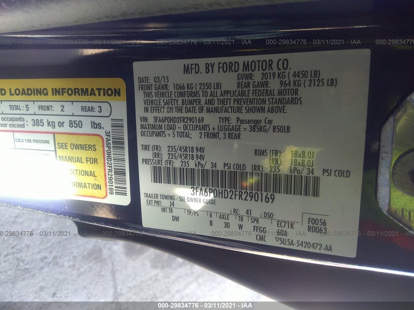 2015 FORD FUSION VIN: 3FA6P0HD2FR290169