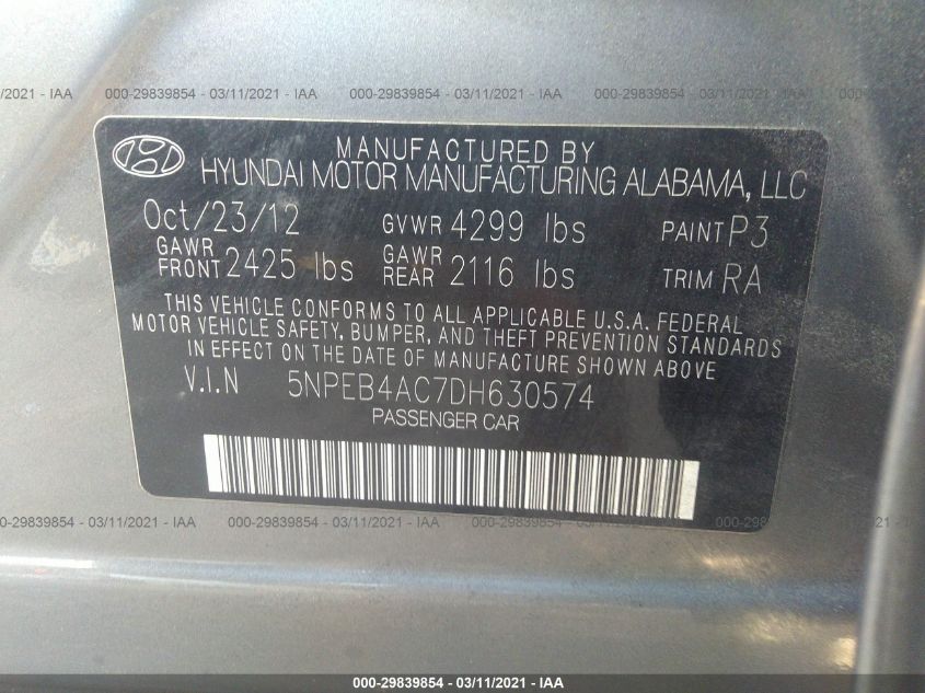 2013 HYUNDAI SONATA GLS PZEV 5NPEB4AC7DH630574