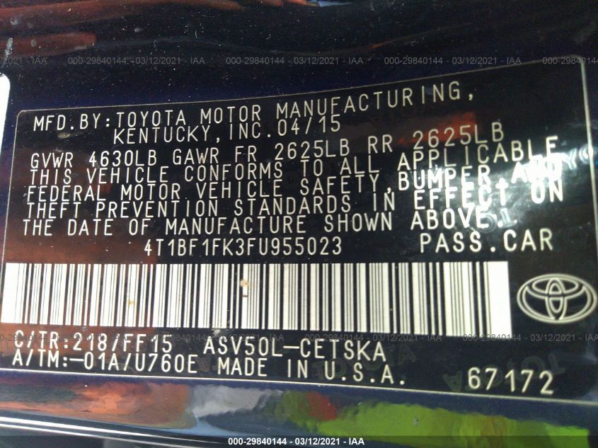 2015 TOYOTA CAMRY XLE/SE/LE/XSE 4T1BF1FK3FU955023