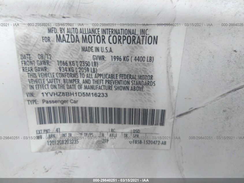 2013 MAZDA MAZDA6 I SPORT 1YVHZ8BH1D5M16233