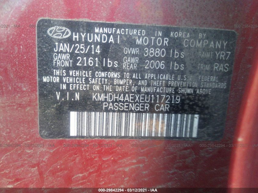 2014 HYUNDAI ELANTRA SE KMHDH4AEXEU117219