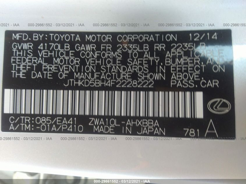 2015 LEXUS CT 200H HYBRID JTHKD5BH4F2228222