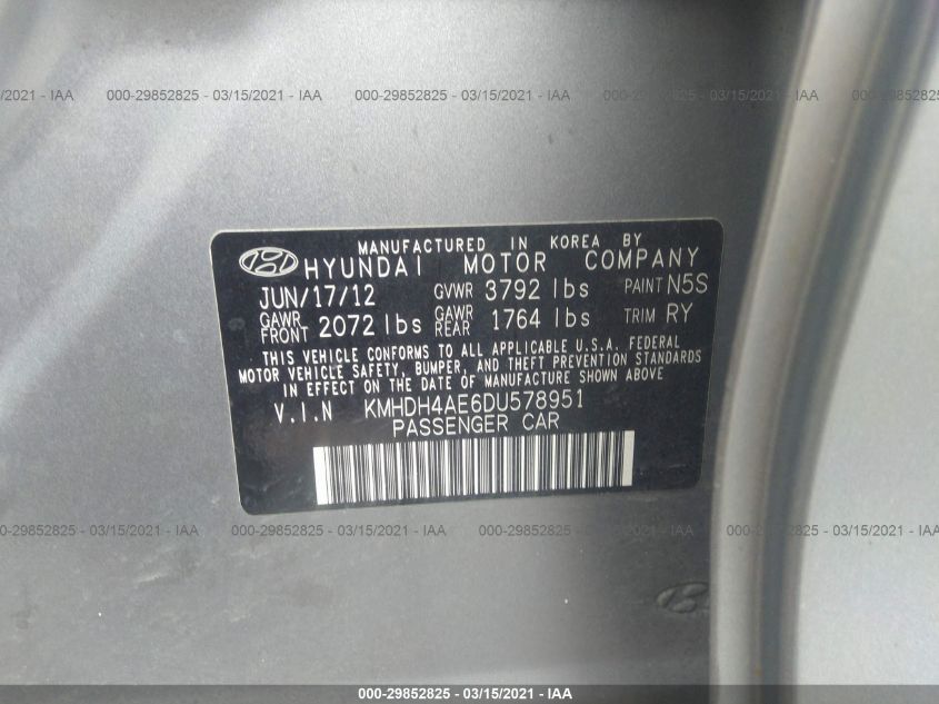 2013 HYUNDAI ELANTRA LIMITED KMHDH4AE6DU578951