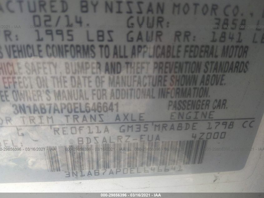 2014 NISSAN SENTRA SR 3N1AB7AP0EL646641