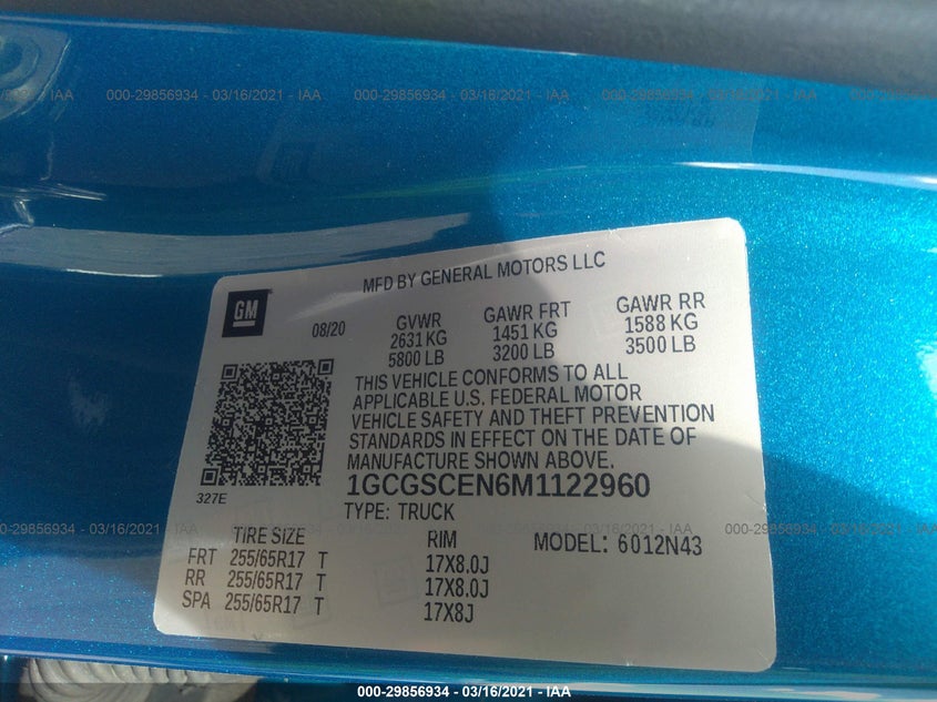 2021 CHEVROLET COLORADO VIN: 1GCGSCEN6M1122960