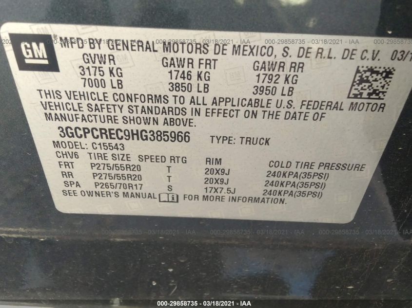 2017 CHEVROLET SILVERADO 1500 LT 3GCPCREC9HG385966