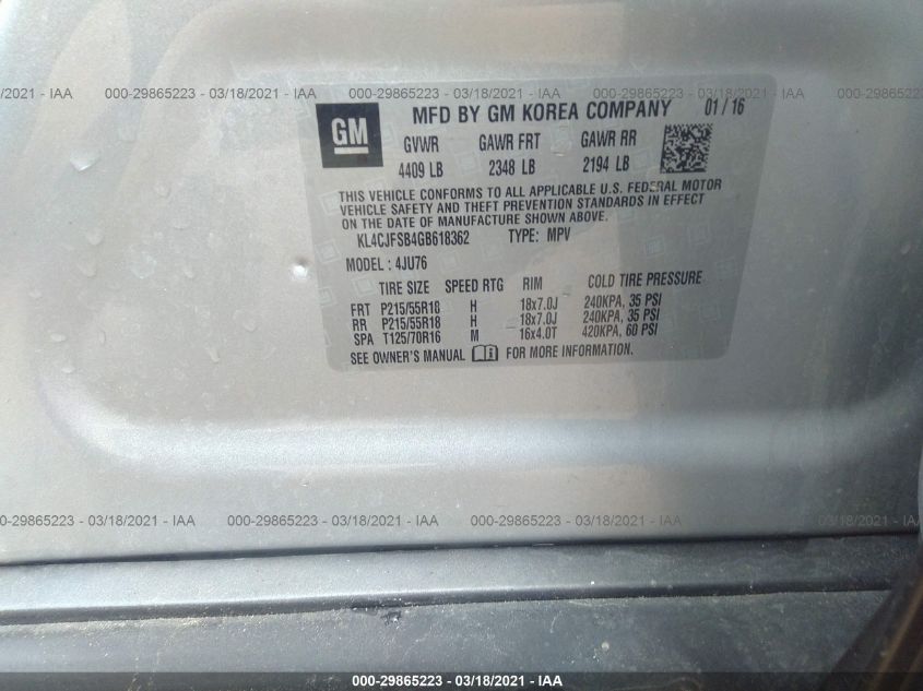 2016 BUICK ENCORE CONVENIENCE KL4CJFSB4GB618362