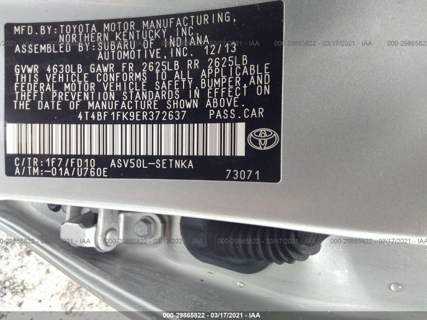 2014 TOYOTA CAMRY L/LE/XLE/SE/SE SPORT 4T4BF1FK9ER372637