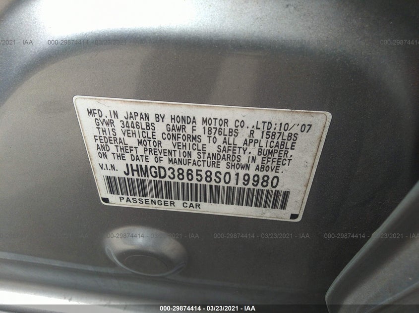 2008 HONDA FIT VIN: JHMGD38658S019980