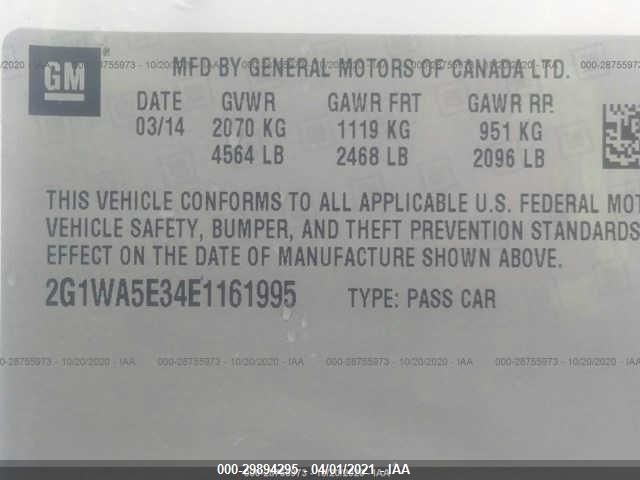 2014 CHEVROLET IMPALA LIMITED LS 2G1WA5E34E1161995