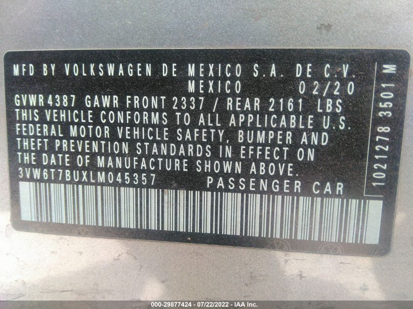2020 VOLKSWAGEN JETTA GLI S/AUTOBAHN 3VW6T7BUXLM045357