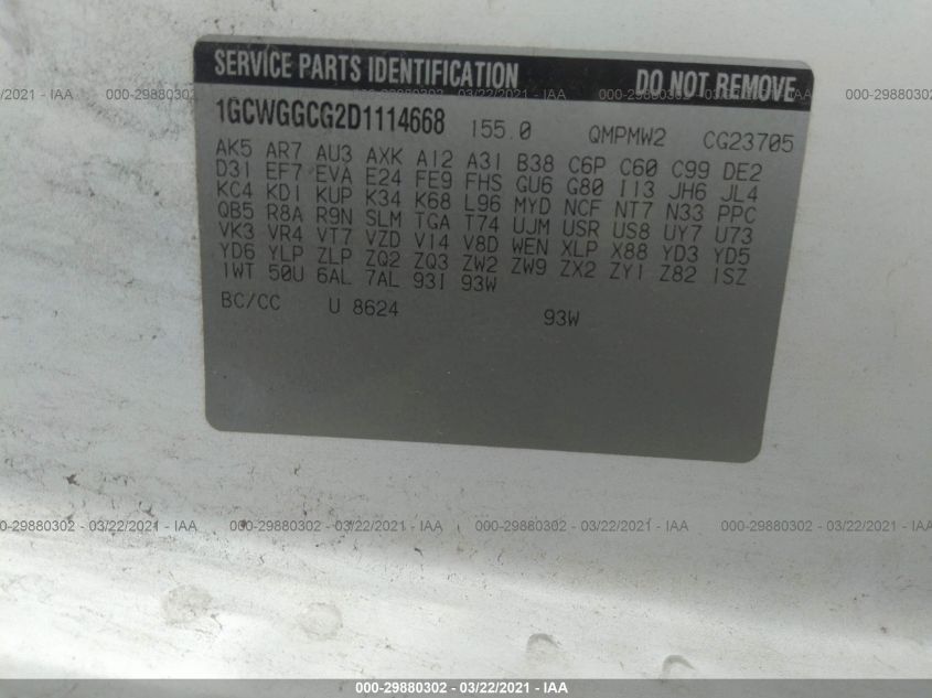 2013 CHEVROLET EXPRESS CARGO VAN 1GCWGGCG2D1114668