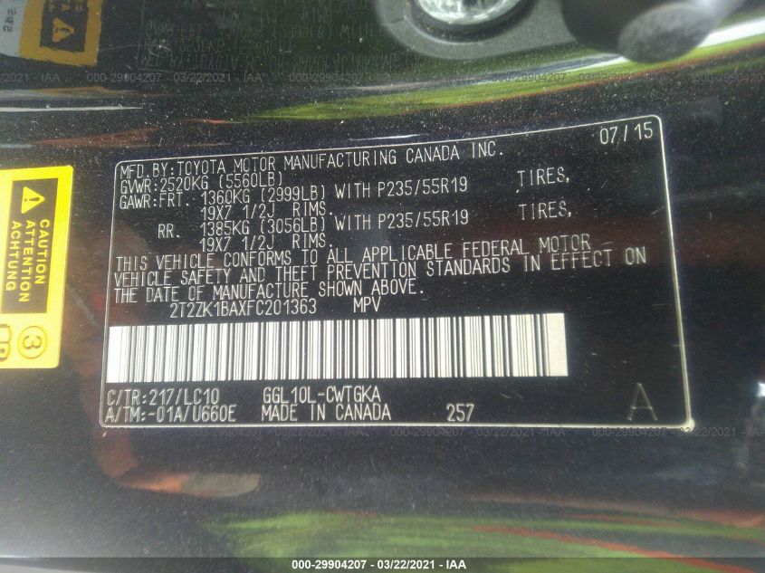 2015 LEXUS RX 350 2T2ZK1BAXFC201363