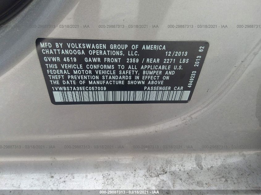 2014 VOLKSWAGEN PASSAT SE 1VWBS7A35EC057009