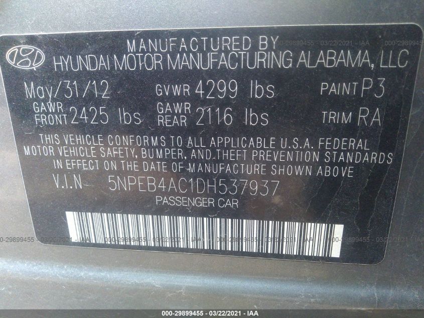 2013 HYUNDAI SONATA GLS 5NPEB4AC1DH537937