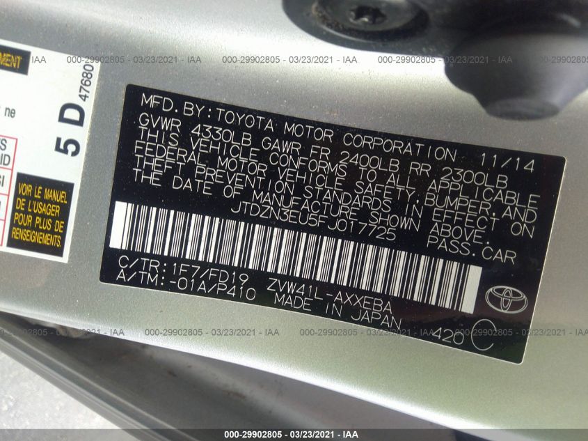2015 TOYOTA PRIUS V FIVE JTDZN3EU5FJ017725
