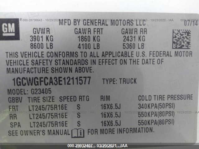 2014 CHEVROLET EXPRESS CARGO VAN 1GCWGFCA3E1211577