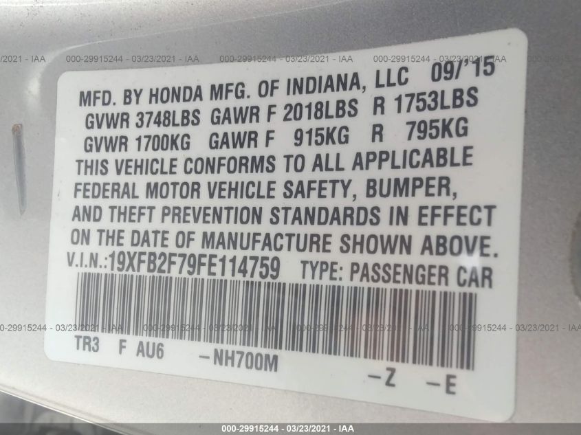 2015 HONDA CIVIC SEDAN SE 19XFB2F79FE114759