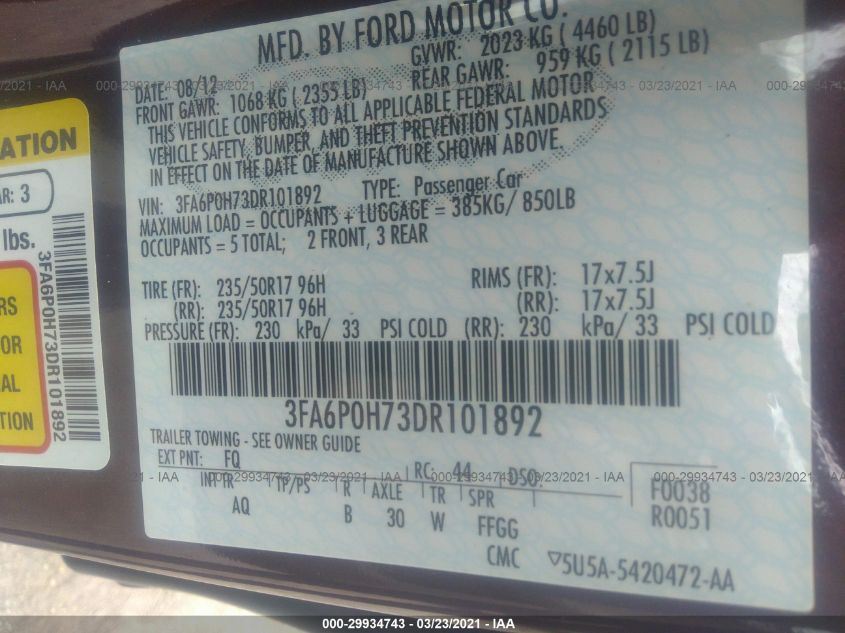 2013 FORD FUSION SE 3FA6P0H73DR101892