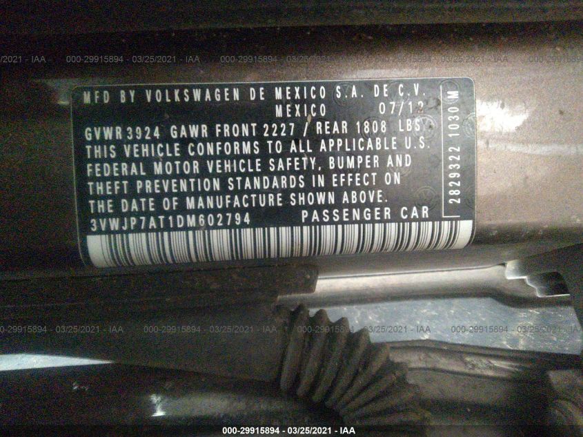 2013 VOLKSWAGEN BEETLE COUPE 2.5L 3VWJP7AT1DM602794