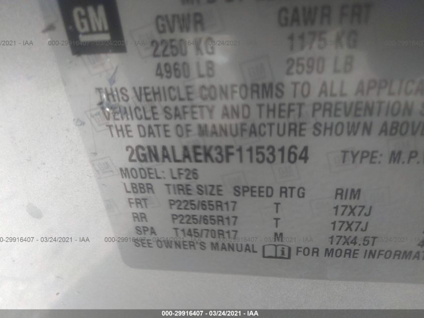2015 CHEVROLET EQUINOX LS 2GNALAEK3F1153164