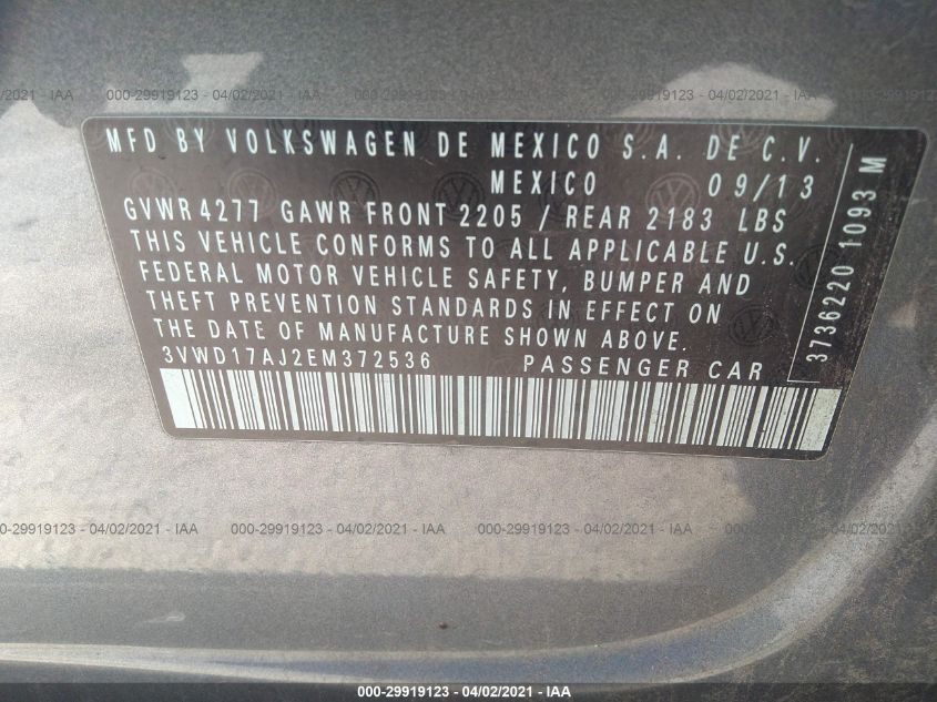 2014 VOLKSWAGEN JETTA SEDAN SE 3VWD17AJ2EM372536