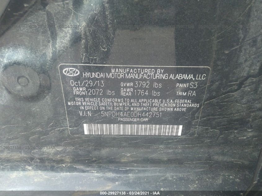 2013 HYUNDAI ELANTRA LIMITED PZEV 5NPDH4AE0DH442751