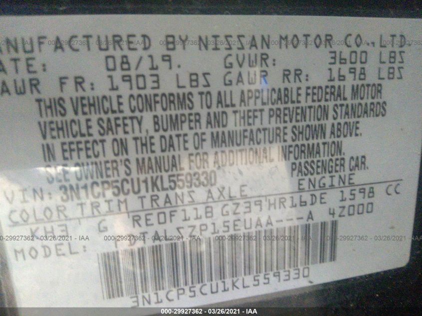 2019 NISSAN KICKS SV 3N1CP5CU1KL559330