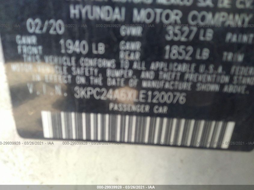 2020 HYUNDAI ACCENT SE 3KPC24A6XLE120076