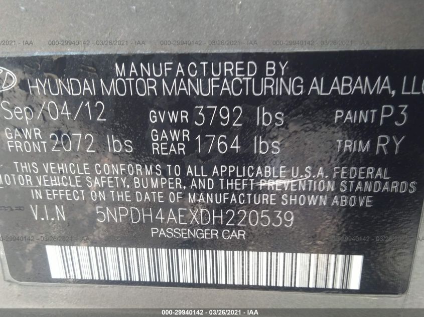 2013 HYUNDAI ELANTRA LIMITED PZEV 5NPDH4AEXDH220539