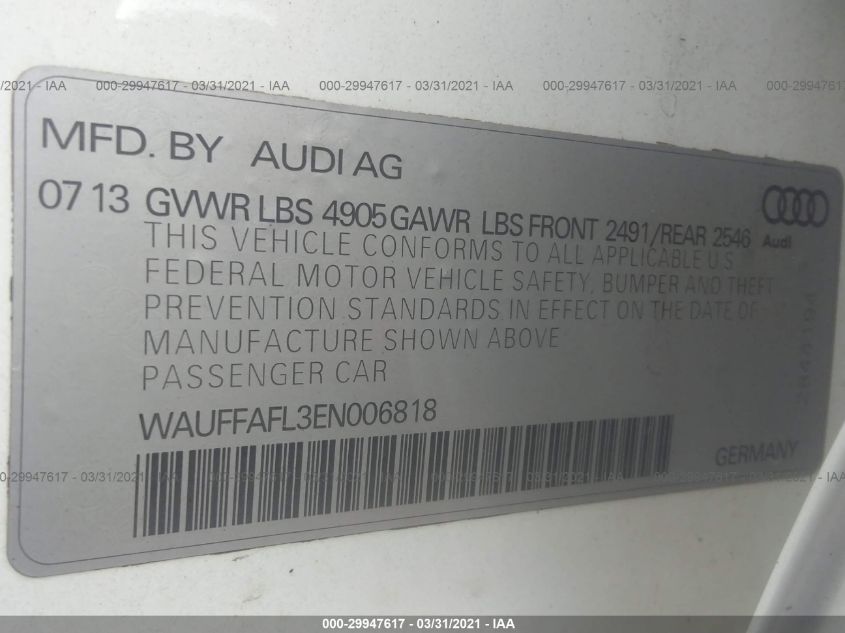 2014 AUDI A4 PREMIUM PLUS WAUFFAFL3EN006818