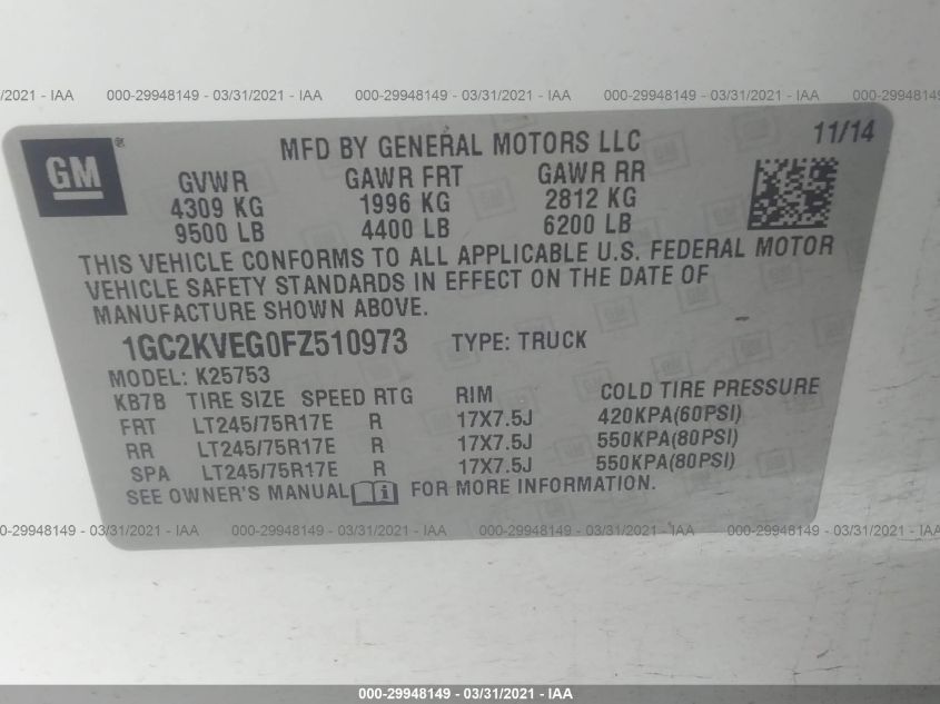 2015 CHEVROLET SILVERADO 2500HD LT 1GC2KVEG0FZ510973