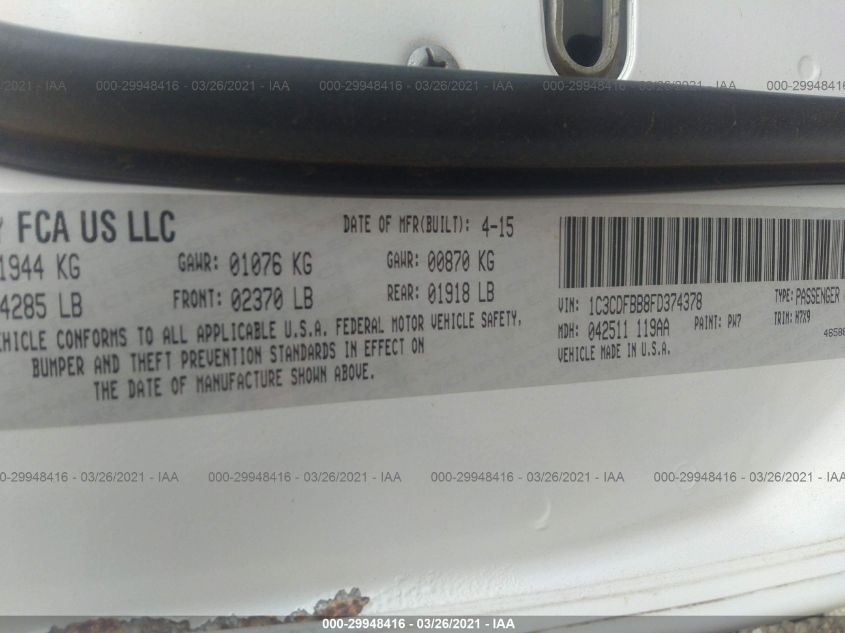 2015 DODGE DART SXT 1C3CDFBB8FD374378