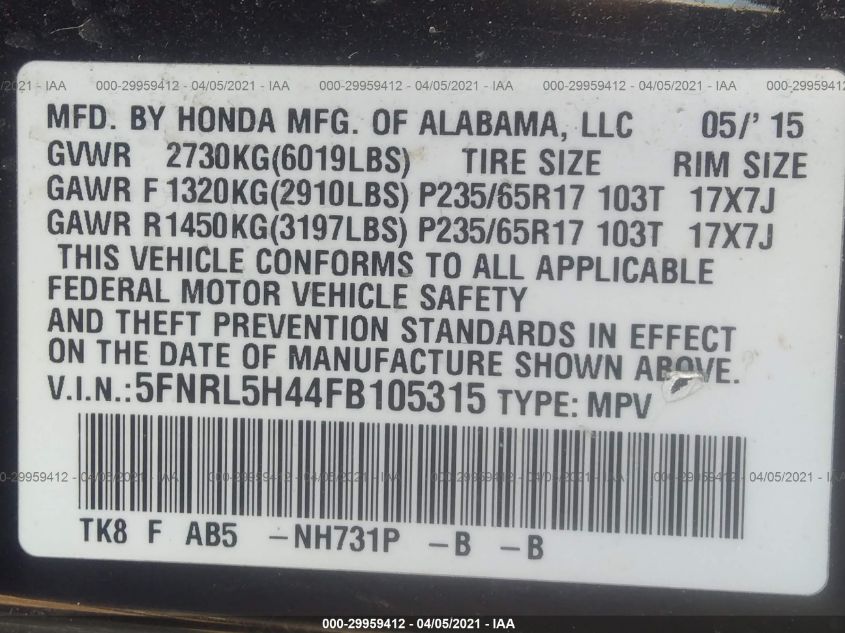 2015 HONDA ODYSSEY EX 5FNRL5H44FB105315