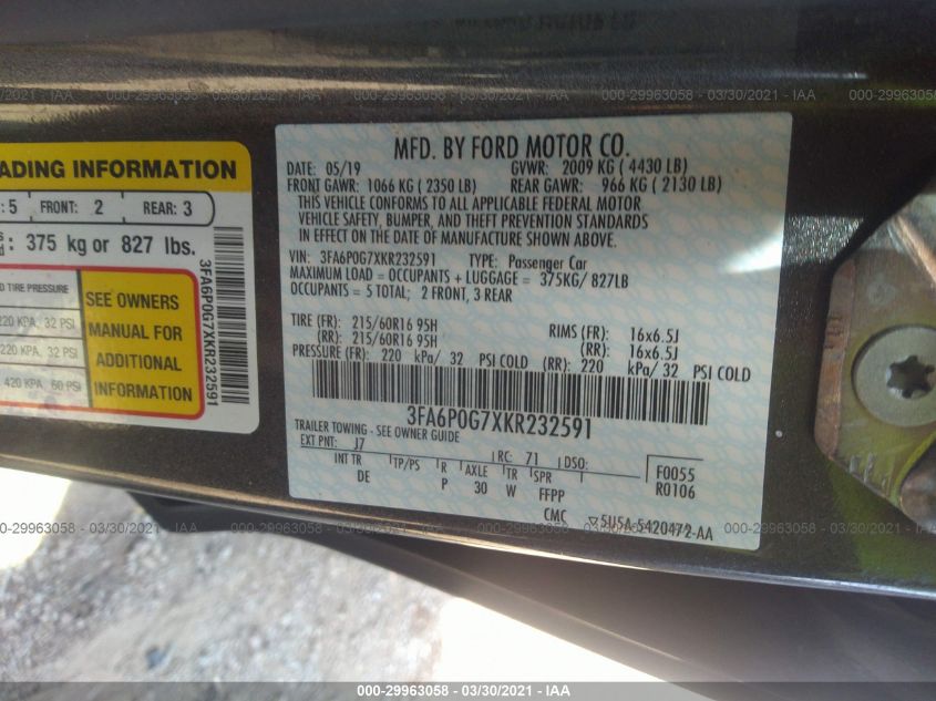 2019 FORD FUSION S 3FA6P0G7XKR232591