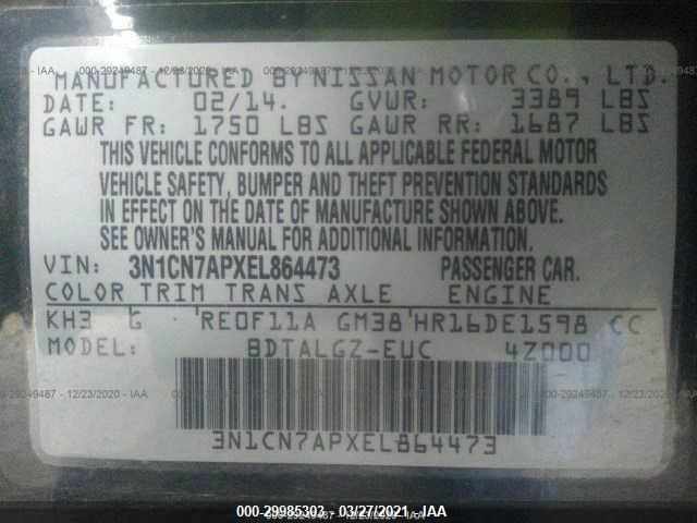 2014 NISSAN VERSA SL 3N1CN7APXEL864473