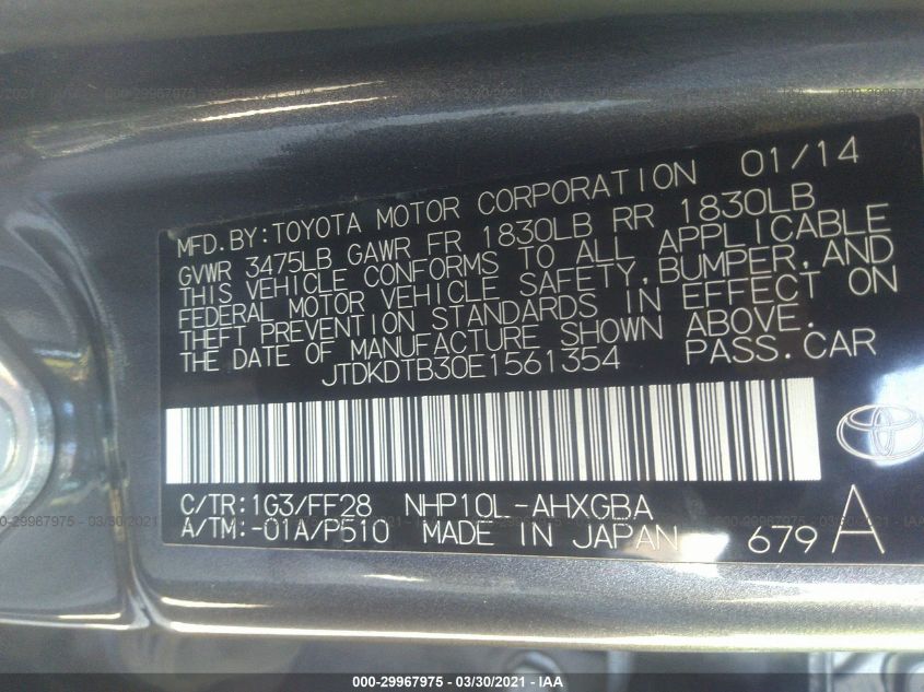 2014 TOYOTA PRIUS C ONE/THREE/TWO/FOUR JTDKDTB30E1561354
