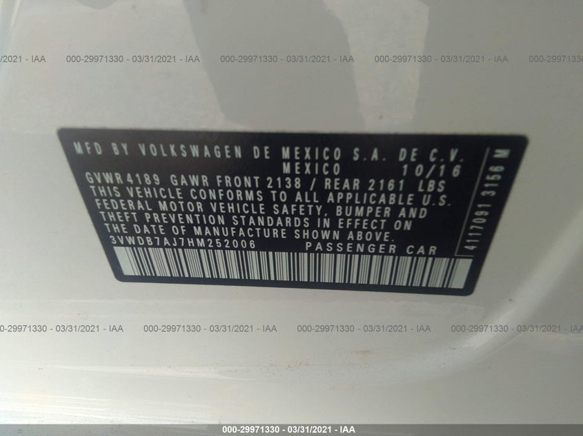 VIN 3VWDB7AJ7HM252006 2017 VOLKSWAGEN JETTA 1.4T SE