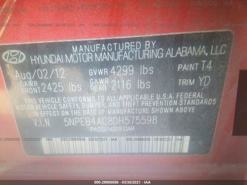 2013 HYUNDAI SONATA GLS PZEV 5NPEB4AC8DH575598